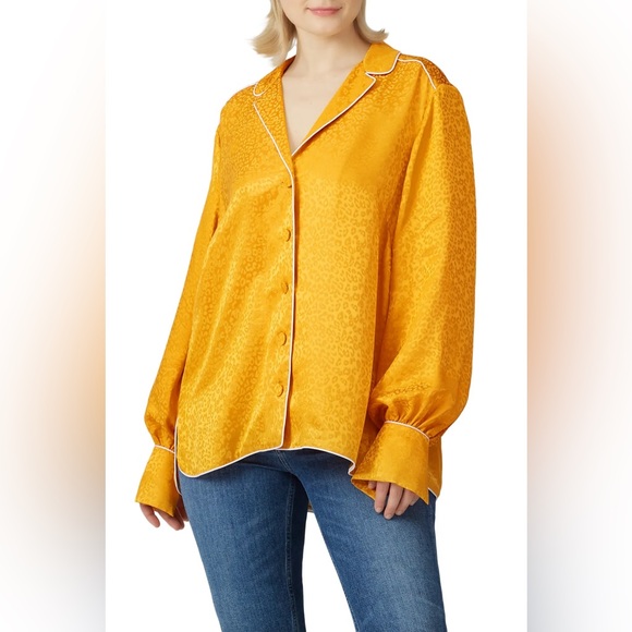 Jonathan Simkhai Tops - Jonathan Simkhai Yellow Leopard Print Button Satin Silk Shirt Women's Size 14